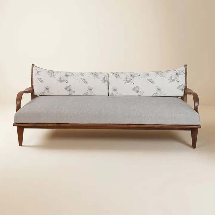 Teakwood Sofa with White Printed Fabric, Three Seater