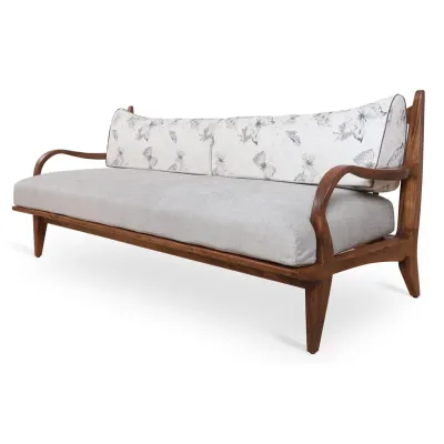 Teakwood Sofa with White Printed Fabric, Three Seater view 1