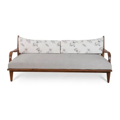 Teakwood Sofa with White Printed Fabric, Three Seater view 2