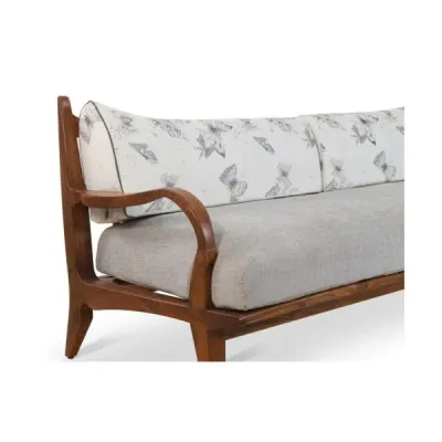 Teakwood Sofa with White Printed Fabric, Three Seater view 3