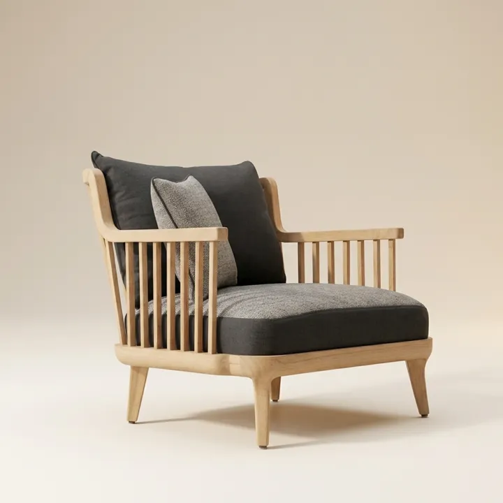 Solidwood Lounge Chair with Light Grey Fabric