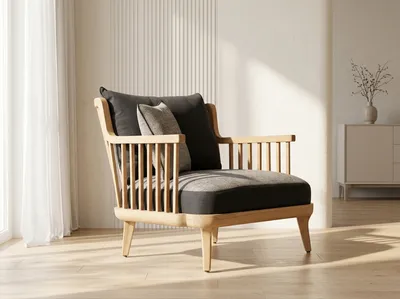 Solidwood Lounge Chair with Light Grey Fabric view 4