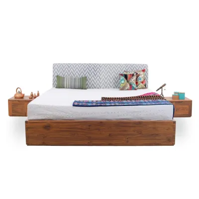 Koryto – King Size Teakwood Bed with White Chevron Print Fabric view 1