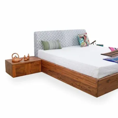 Koryto – King Size Teakwood Bed with White Chevron Print Fabric view 3