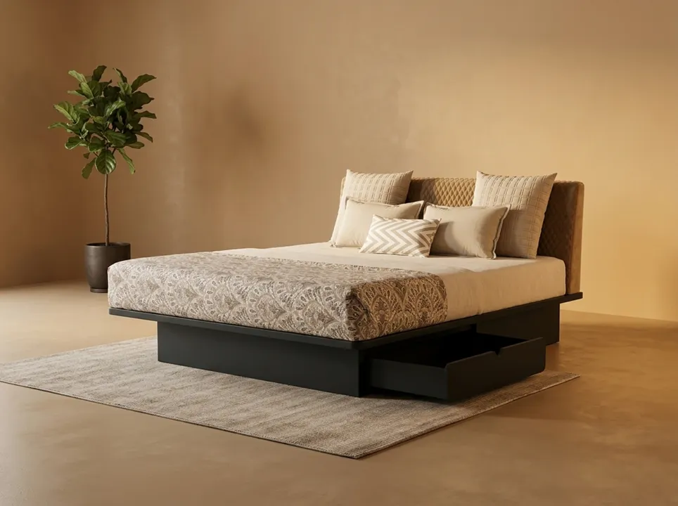 Koryto – King Size Solidwood Bed with Stone Beige Fabric
