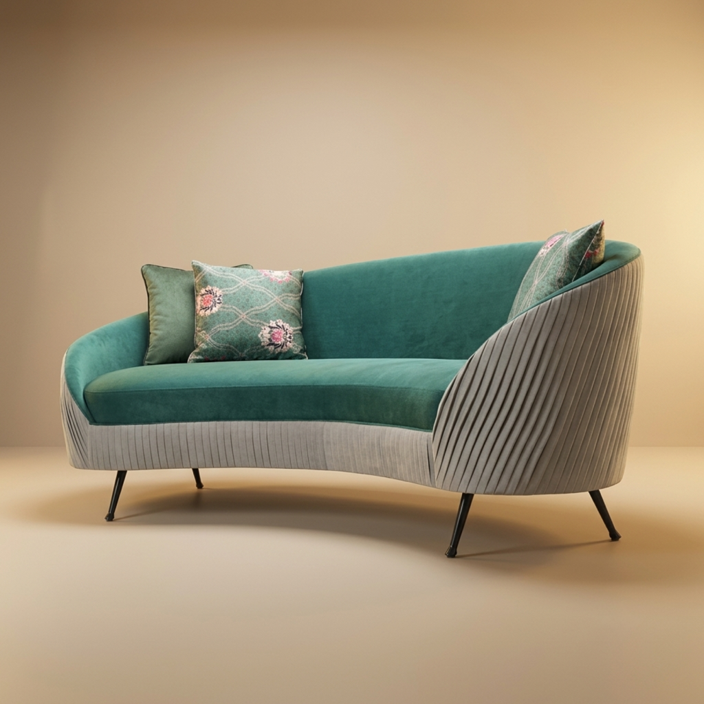 Rikoma – Curved Sofa with Green and Mint Fabric